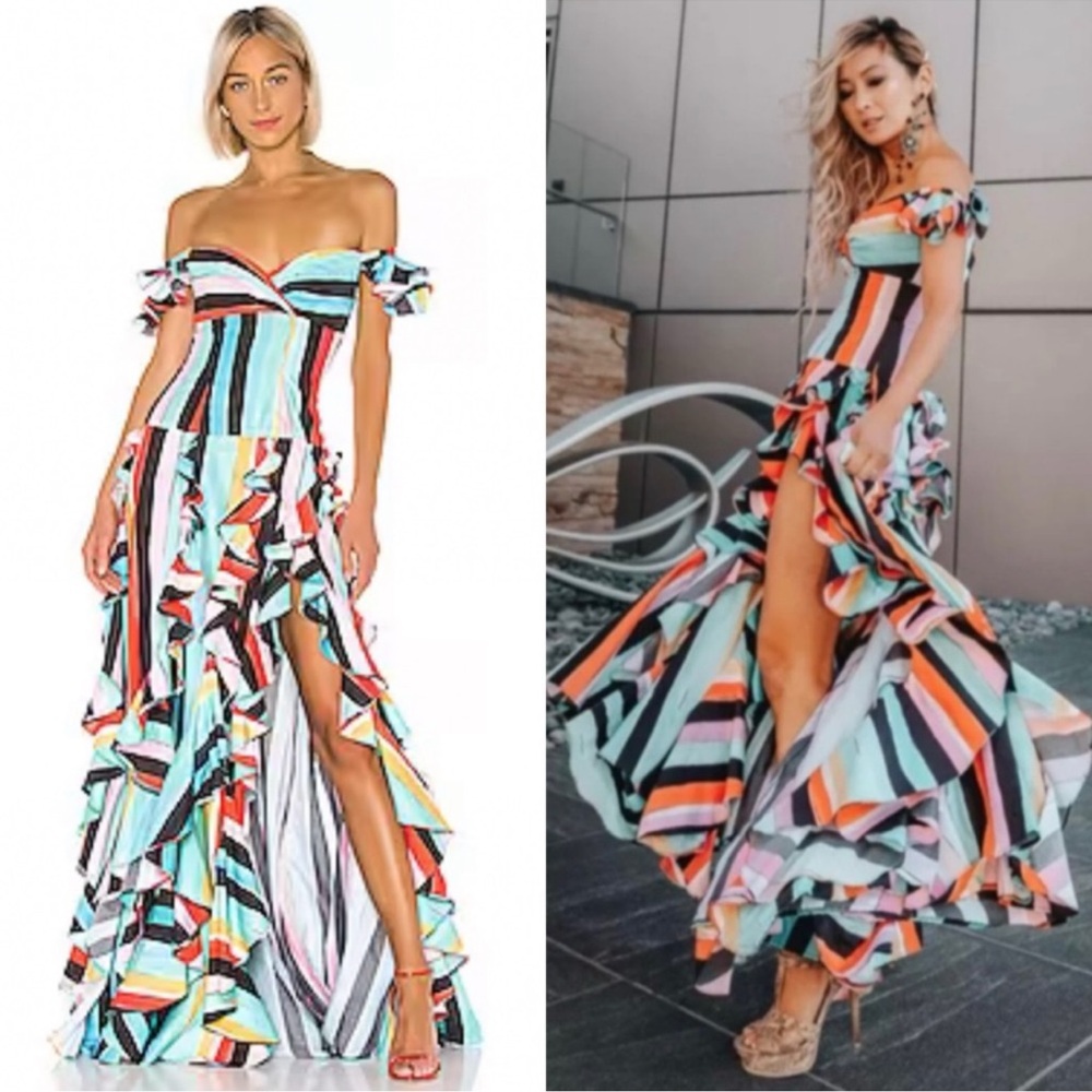 Caroline Constas Ruffle Gown in Black Multi